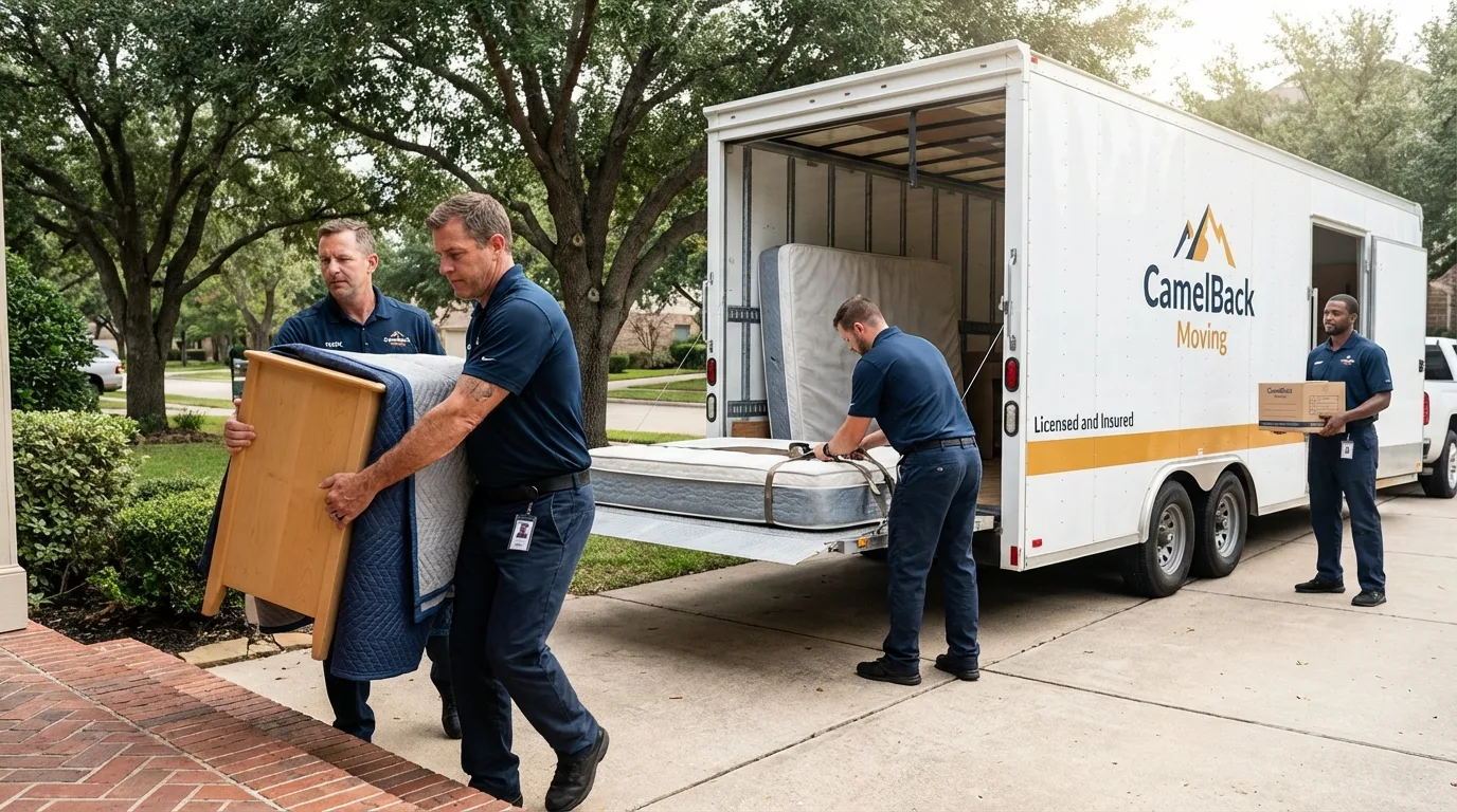 Crew loading residential truck for cross-state move from Pharr, TX