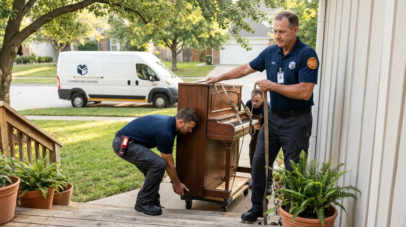 Licensed piano movers securing grand piano in Pharr, TX