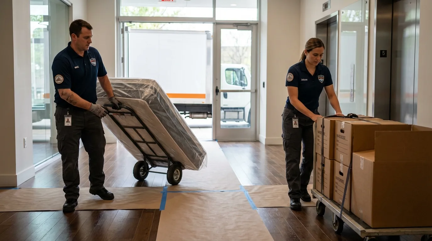 Professional apartment movers loading elevator in Pharr, TX